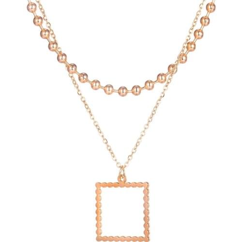 Minimalist Stainless Steel Square Neck Pendant Women Necklaces Fashion Rose Gold Layered Bead Chain Jewelry Accessories Necklace