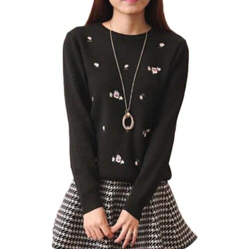 Ele-choices Women Fashion Floral Embroidery O Neck Pullover Knitted Jersey Jumper Sweater for Autumn Winter
