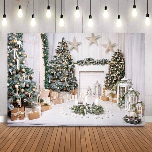 Christmas tree backdrop for photography White brick fireplace background for photo studio gifts stars windows photocall