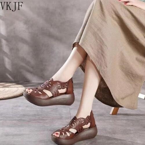 Womens Sandals Genuine PU Leather Handmade Ladies Shoes 2021 Summer Thick Sole Women Retro Sandals Leather Gladiator Sandals