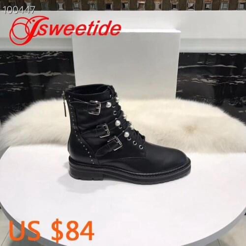 Hottest Winter Fashion Ankle Boots Beaded Genuine leather buckle leisure Mid-Calf Motorcycle Boots Biker Women Top brand Boots