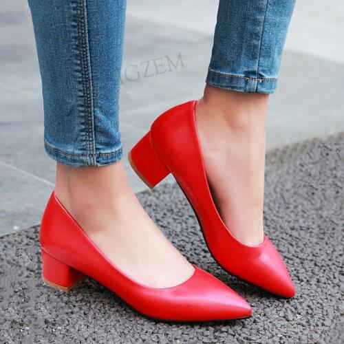 SEIIHEM Women Pumps Low 4.5CM Block Heeled Slip On Pointed Toe Red Shoes Woman Party Dress Office Sandals Big Size 40 43 44 47