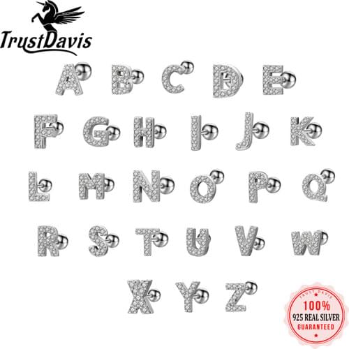 Trustdavis Real 925 Sterling Silver 26 Letter CZ Screw Beads Stud Earrings for Women Children Baby Minimalist Jewelry DB1430