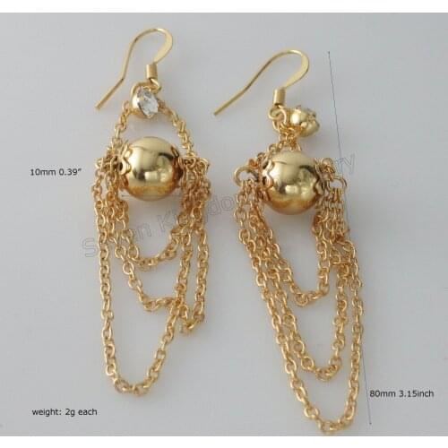 PLAIN BALL THREAD DANGLE EARRING - YELLOW GOLD GP FILLED ZIRCON STONE TALL 80 MM 3.15"