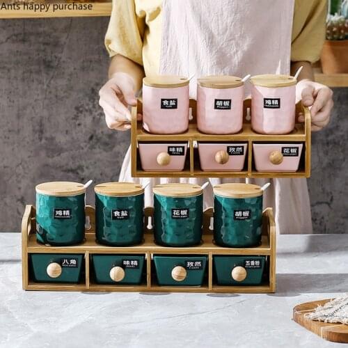 Nordic Kitchen Supplies Seasoning Box Combination Home Seasoning Jar Spice Rack Storage Box with Wooden Shelf Spice Container