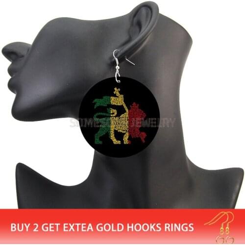 SOMESOOR Both Sides Printed Afro Lion King Wooden Drop Earrings African Symbol Ethnic Eco Desgin Dangle Pendant For Women Gifts