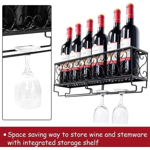 Wine Rack Wall Mounted Wine Bottle Holder Holds 6 Wine and Stemware Glasses Kitchen Metal Wine Storage Decor Black