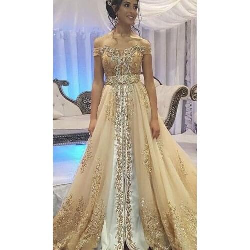 Vintage Gold Evening Muslim Off The Shoulder Indian Dubai Abaya Evening Gowns Appliques Crystal Formal Prom robes de soirée