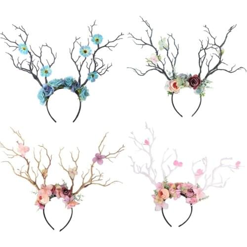 Floral Elk Horn Headband Deer Antlers Headband Floral Garland Headwear Festival Travelling Photo Props for Women