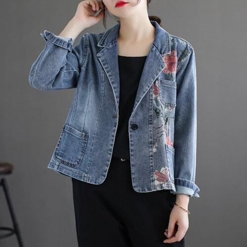 QPFJQD Ladies Print Patchwork Denim Jacket Tailored Collar Loose Button Spring Autumn Female Retro Pocket Coats Long Sleeve