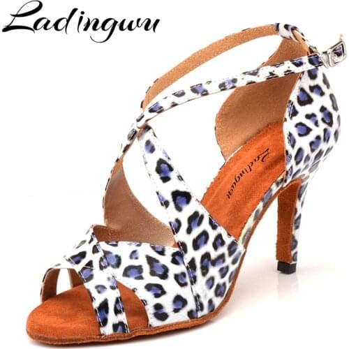 Ladingwu New Brand Dance Shoes Woman Latin Leopard texture PU Salsa Dance Shoes 10cm Heels Tango Professional perform Shoes