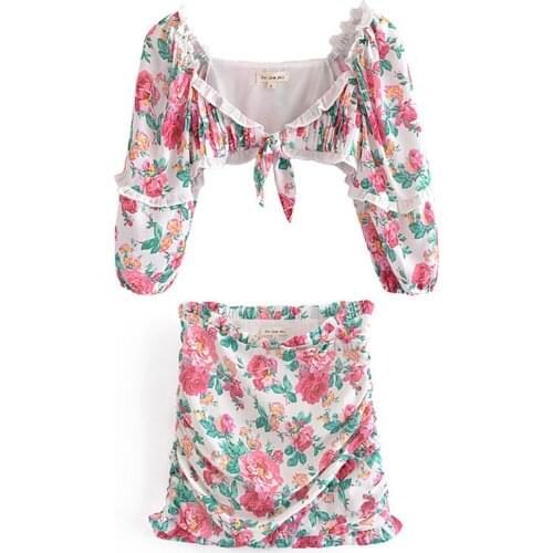 2021 Summer Holiday New Retro Floral Puff Sleeve Top + Tie Up Wrap Mini Dress Skirt Set Womens Dress Long Sleeve