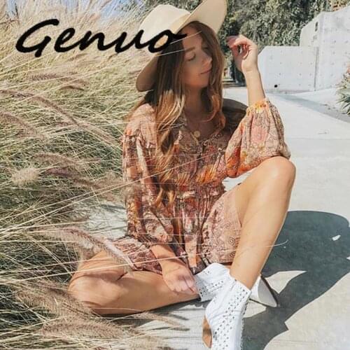 Genuo New Ruffle Boho Dress Gypsy Print Mini Dresses V-Neck Long Sleeve Beach Playdress 2019 Womens Clothing Female Vestidos