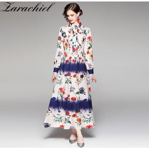 2021 Autumn Runway Tie Dye Flower Dress Womens Turn-Down Collar Floral Print Lace Up Sashes Holiday Long Shirt Maxi Vestidos