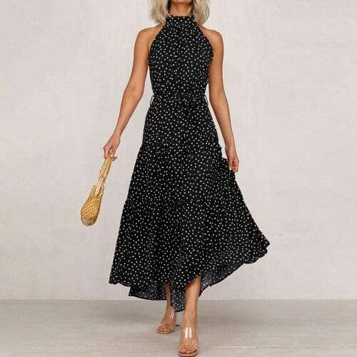 Women Floral Dress Bohemian Halter Neck High Waist Sleeveless Pleated Long Dress Summer Beach Holiday Dropship Wholesale