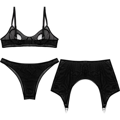 Women See-through Mesh Three-Piece Lingerie Set Lingerie Erotic Underwear Nightwear Hollow Out Unlined Bra Briefs Garter Belt