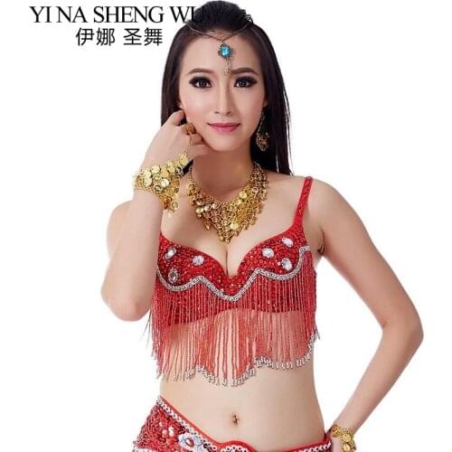 1 PC Belly Dance Bra Top Sequins Diamonds Brassiere Dancing Bra Beaded Tassel Sexy Belly Dancing Stage Performance Bra 9 Colors