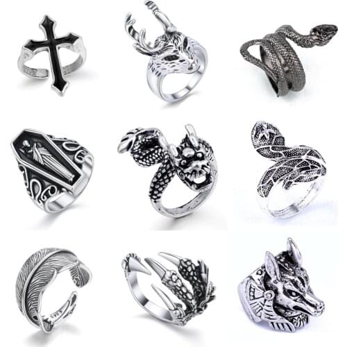 1PC Vintage Punk Feather Cross Snake Male Ring Gothic Dragon Goat Eagle Paw Animals Free Open Finger Ring For Men Women Jewelry