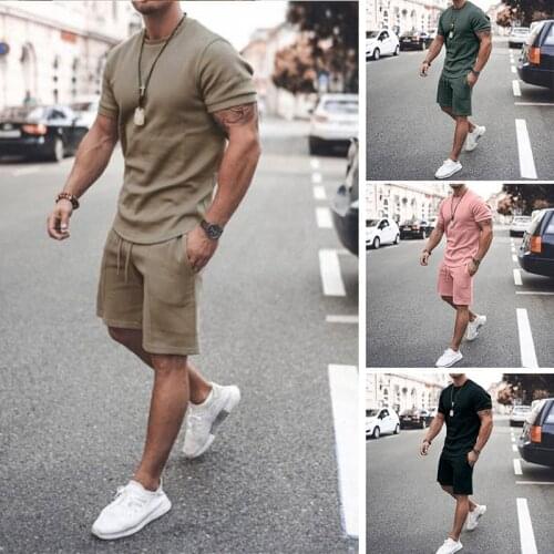 2021 Mens Sports Suit Summer Casual Shorts Short Sleeve T-shirt+shorts Solid Mens Sports Suit