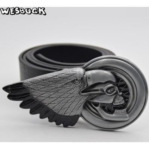 5 PCS MOQ WesBuck Brand New style high quality Vintage Silver 3D Eagle Skull Motorcycle Mens Women Belt Buckle With PU Belt