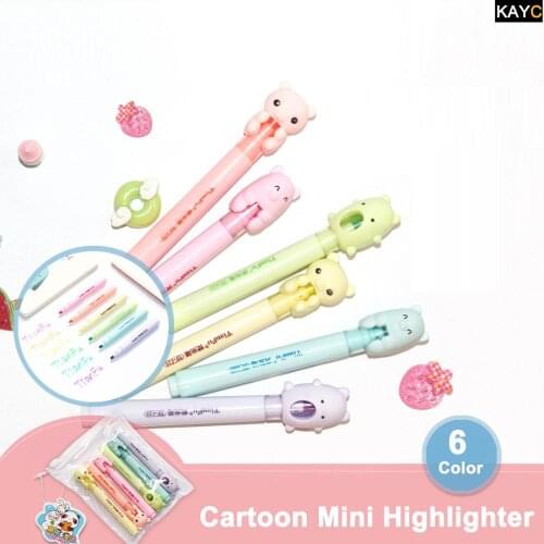 6pcs/bag Cartoon Fluorescent Highlighter Kawaii Mini DIY Coloring Textmarker Neon Assorted Colors Pen for Children Students Gift