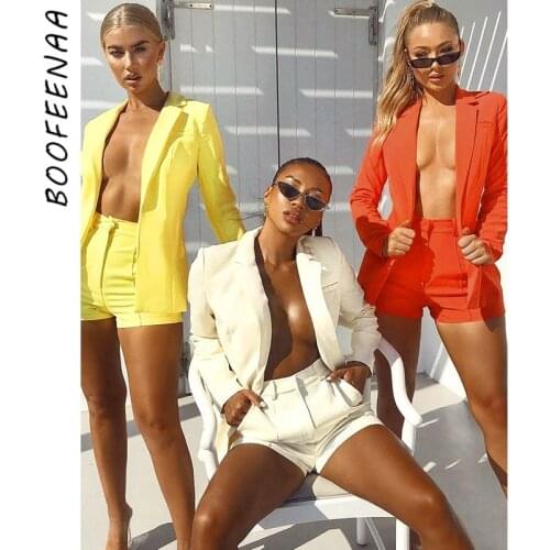 BOOFEENAA Elegant Fashion 2 Piece Sets Womens Outfits Solid Color Blazer Shorts Sexy Two Piece Set Women Clothes C66-FI42