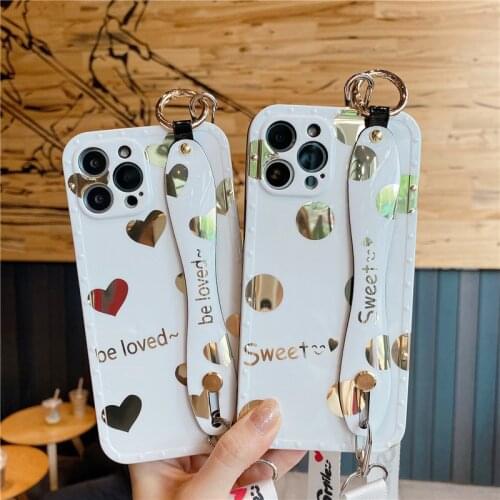 Carbon gold wave dot heart wristband holder Crossbody chain Bag phone case for iPhone 12 11 Pro max case 7 8 plus XS MAX SE2 XR