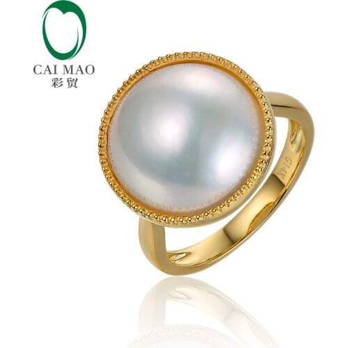 Caimao 14k Yellow Gold Engagement Ring 14mm Round Mabe Pearl Milgrain Design For Anniversary