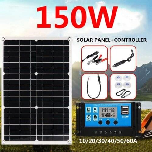 150W Solar Panel Kit Complete 18V RV Camping Car Boat Battery Phone 5V USB Solar Power Bank Charger with 10A-60A Controller
