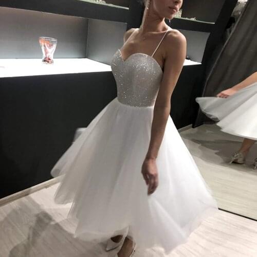 New 2021 Spaghetti Straps A Line Tulle Short Wedding Dress With Sweetheart Tea Length Bridal Party Gowns
