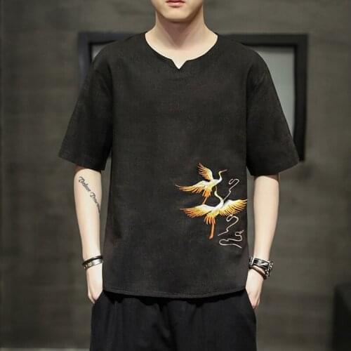 Summer Chinese Style Linen Short Sleeve Oversized Embroidery T-Shirt Men Fashion Tee Streetwear Harajuku T Shirt Male 30048