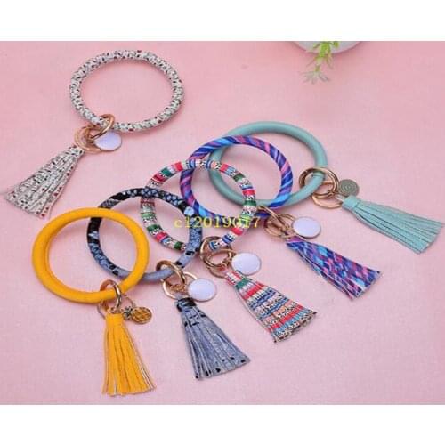Fashion PU Leather Bracelet key chain PU Leather Key Ring Bracelet fringed pendant wholesale