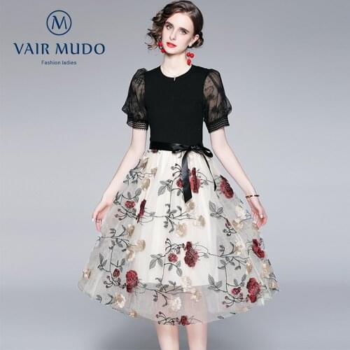 2021 Summer New Dress Knitting Stitching Heavy Industry High Waist Mesh Three-Dimensional Embroidery Lace Large Skirt DresY-213