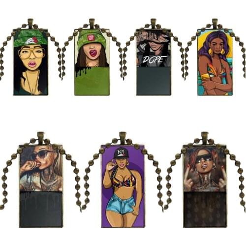Popular Swag Girls Boy Style For Women Party Vintage Jewelry Bronze Color Glass Cabochon Choker Pendant Long Rectangle Necklace