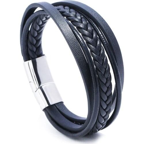 Simple Woven Multilayer Stainless Steel Leather Bracelet European and American Mens Personality Titanium Steel Leather Bracelet