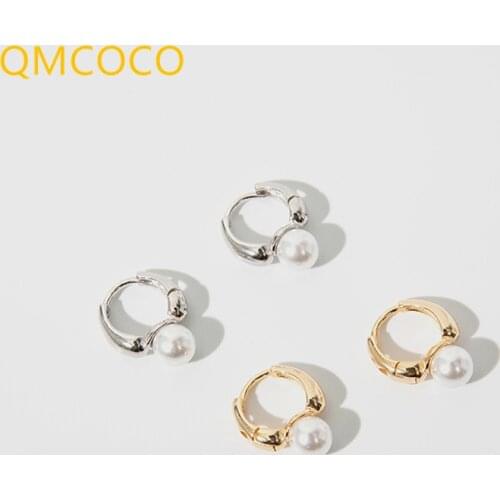 QMCOCO 2021 New Trend Korean Style 925 Silver Vintage Simple Pearl Ear Clasp Hoop Earrings For Women Fine Jewelry Gifts