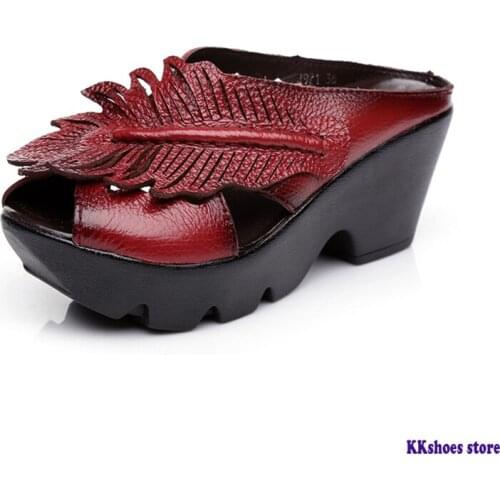 Genuine Leather Sandals For Women 2020 Summer Retro Handmade Ladies Shoes And Sandals Platform Sandals Women Chunky Heels Shoes