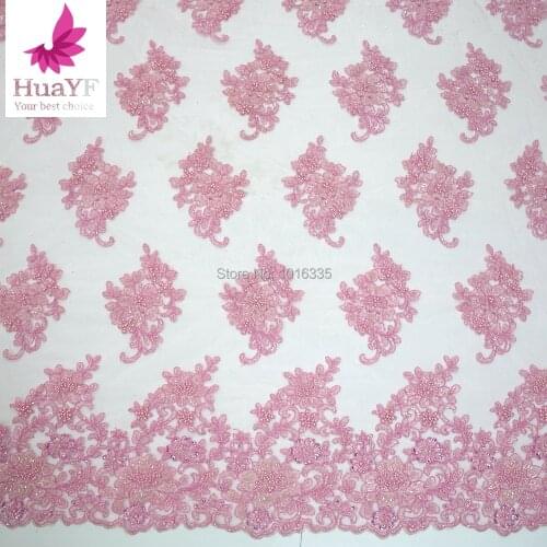 2020 Heavy French Handmade Beaded Tulle Lace Fabric Newest Fabric Handmade Beads Lace Heavy, Wedding Bride pink Lace Newest