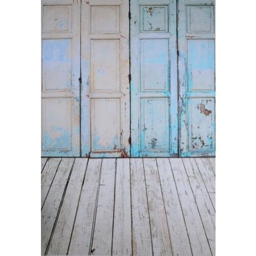 VinylBDS Photography Background Wood Floor Rusty Iron Gate For Children Photo Studio Blue Photographic Backdrop