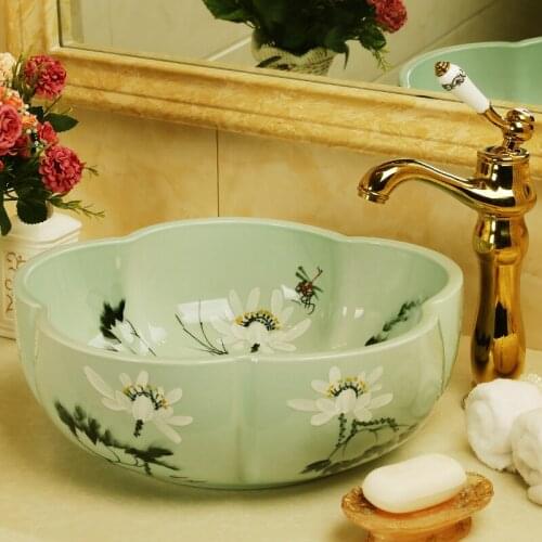 Procelain Europe Vintage Style Art wash basin Ceramic Counter Top Wash Basin Bathroom Sinks art sink antique Green Lotus pattern