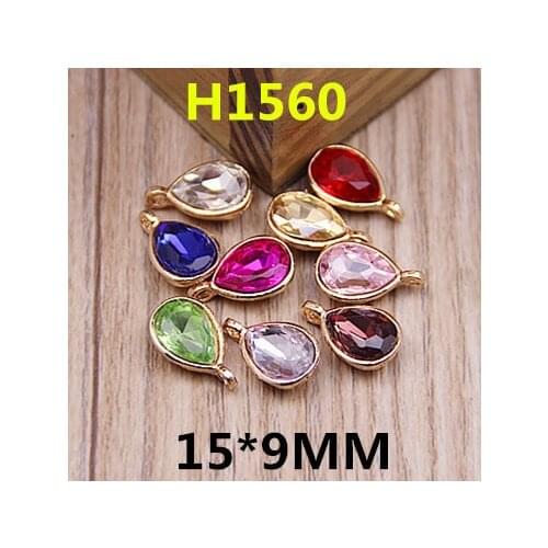 High Quality Crystal Rhinestones Waterdrop DIY Jewelry Pendant Charms Gold Tone Alloy Setting Tear Drop Charm 50pcs 15*9mm