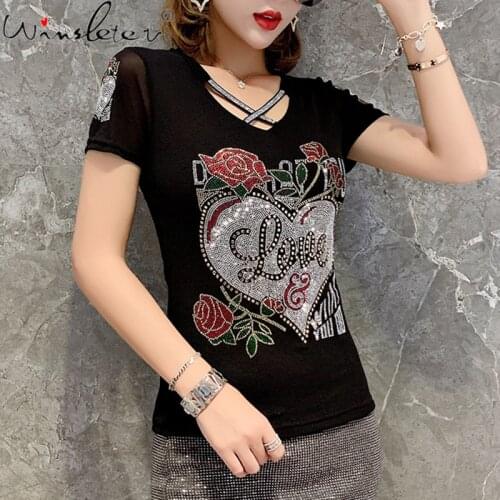 Summer European Style T-shirt Sexy Hollow Out Diamonds Letter Love Women Tops Patchwork Mesh All Match Tees New 2021 T14410A