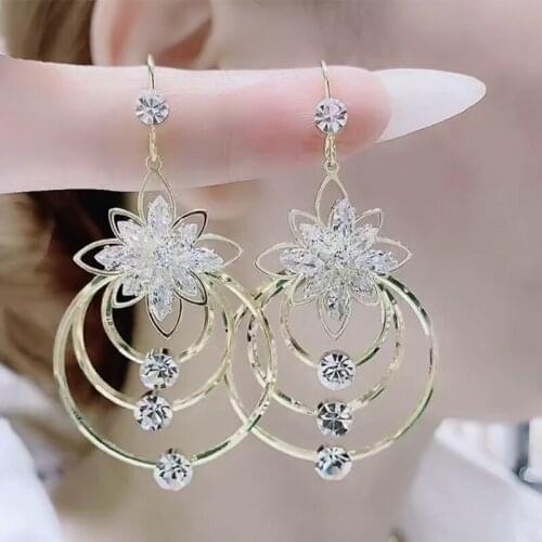 Fashion Simple Geometric ice flower zircon For Women Earrings Rhinestone Golden Metal Circle Drop Dangle Earrings Jewelry Gifts