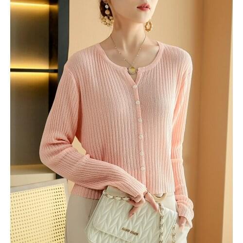 Spring and Autumn New Fashion Ice Silk Cardigan Womens V-Neck Sweater Hollow Slim Knit Bottom Coat Sweater