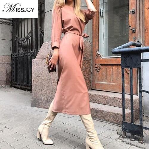 MISSJOY Office Elegant Women Dress Solid Color O Neck Long Sleeves Pencil Belts Slim Sexy Split Button Casual Vestidos Плать