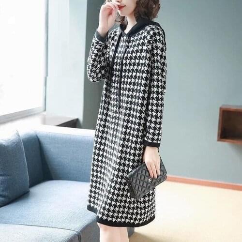 Autumn Houndstooth Casual Dresses For Women New Elegant Hooded Drawstring Patchwork Long Sleeve Pocket Loose Mid-Length Vestidos