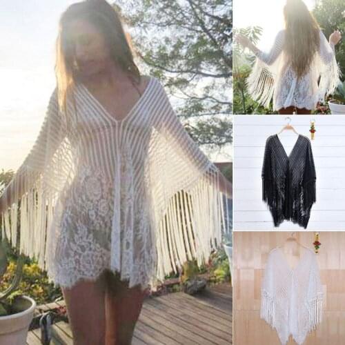 2018 New Hot Women Sexy Beach Dress Lace Crochet Cover Up Beachwear Shirts