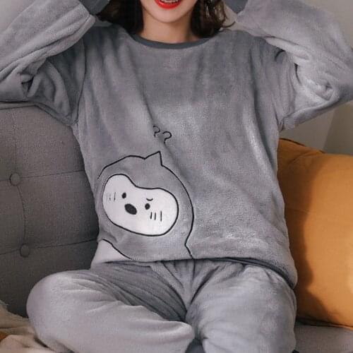 2021 Winter Pajama Women Korean Sleepwear Cute Cartoon Flannel Pajamas Set Velvet Warm Pijama Round Neck Pyjama Homewear Women