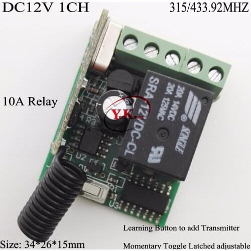 12V 1CH 10A Relay Learning Code315/433Remote Light Switch Radio Control RC Lighting Switch Door Access Remote Openner Smart Home