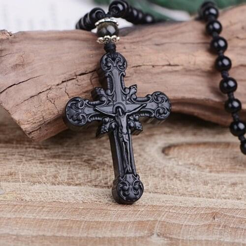 2021 Top Quality Natural Obsidian Stone Pendant Carved Cross Amulet Lucky Pendant Necklace Women Mens Fine Jade Jewelry